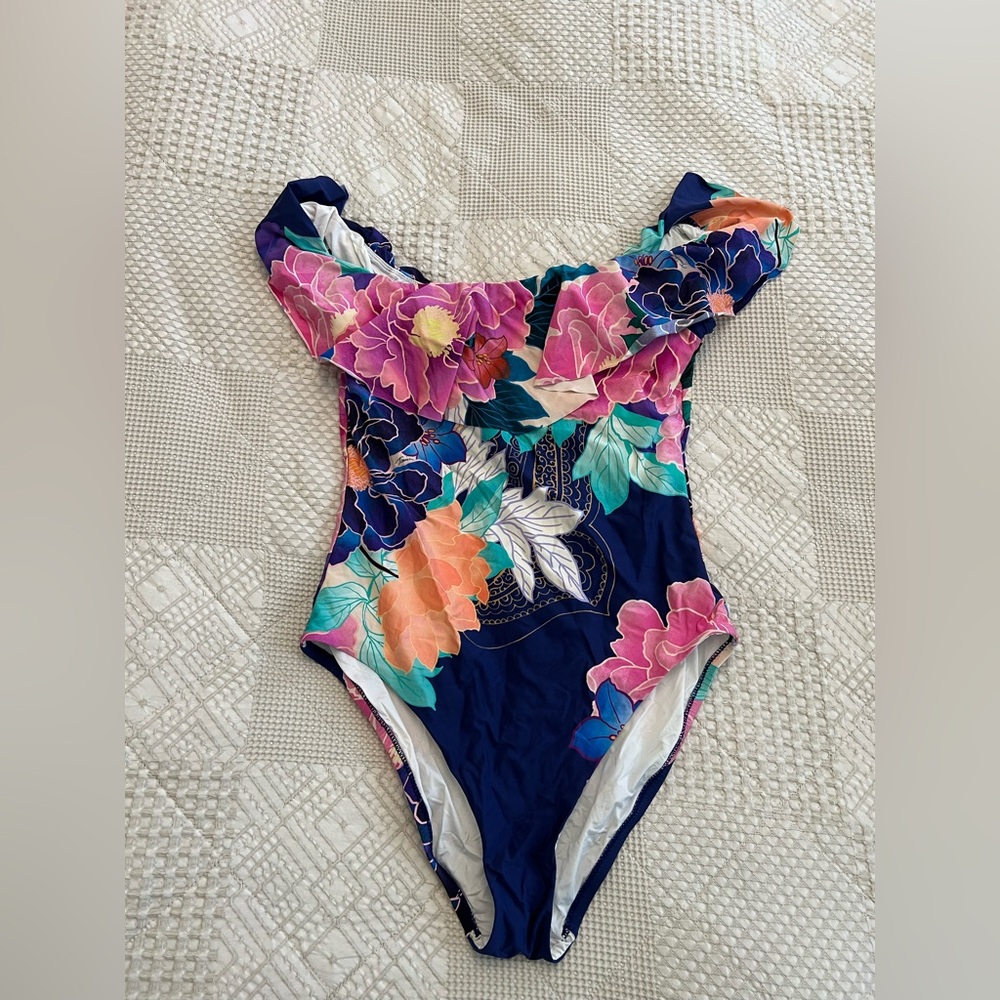 Trina Turk Navy Floral One-Piece Swimsuit with Pink, blue off shoulder size 14